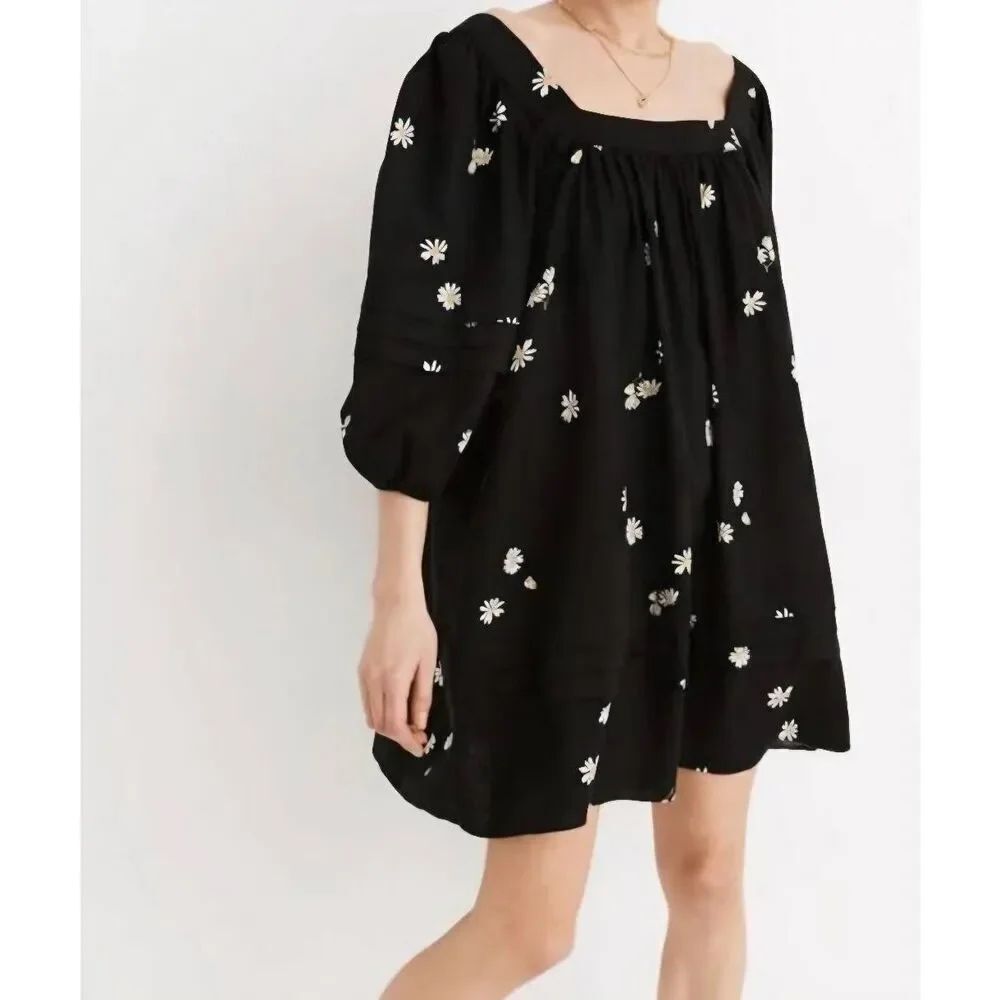 Madewell Dress Women's XS Black Floral Daisy Mini Shift Linen Blend Square Neck